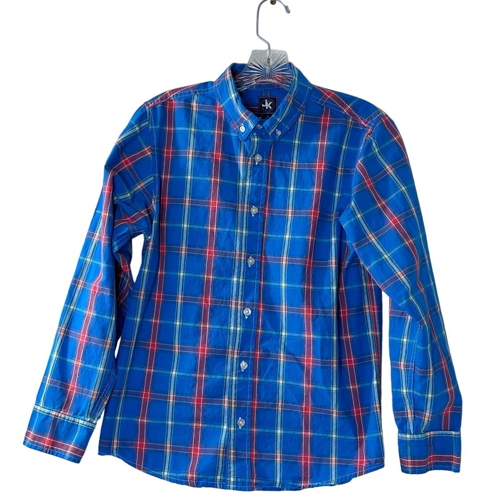 Boys JK Blue Plaid Cotton Button Oxford Shirt L 14